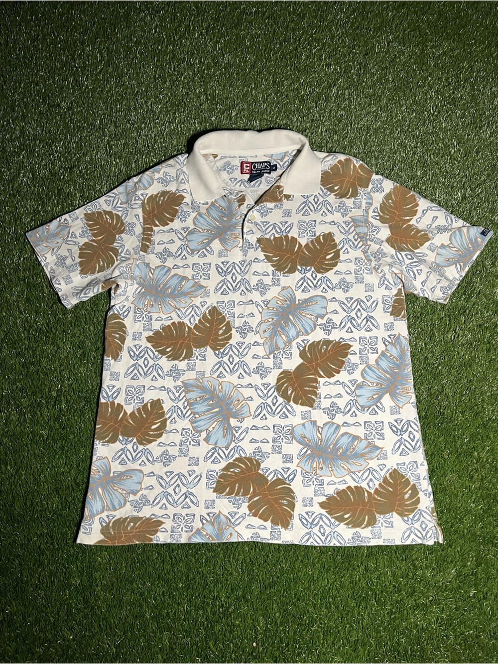 Chaps Men’s Medium White Tropical Leaf Preppy Polo Shirt